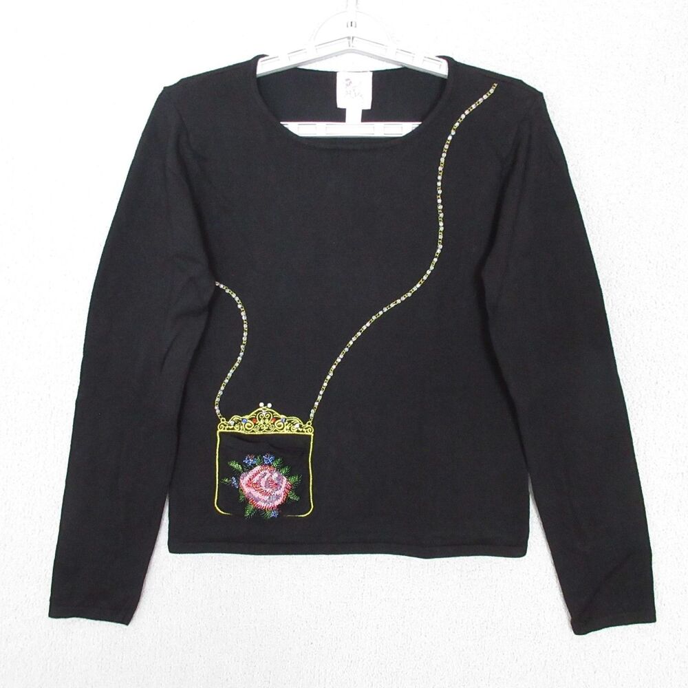 Pink‎ Poodle Top Womens S Black Beaded Embellished Rose Pocket Chain Long Sleeve